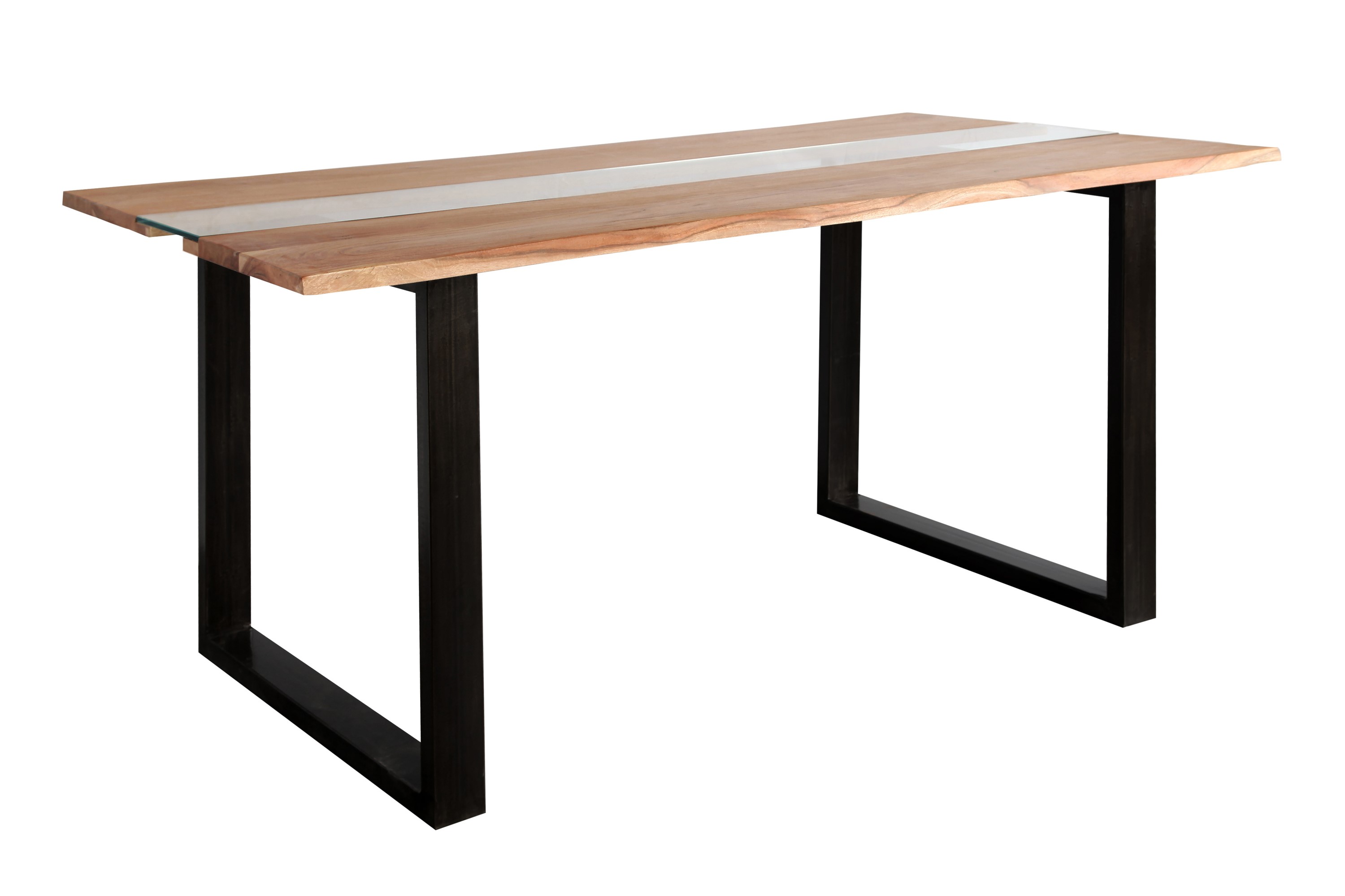 Esstisch Baumkante mit Glaseinsatz 175 x 90 cm Akazie stone UGestell